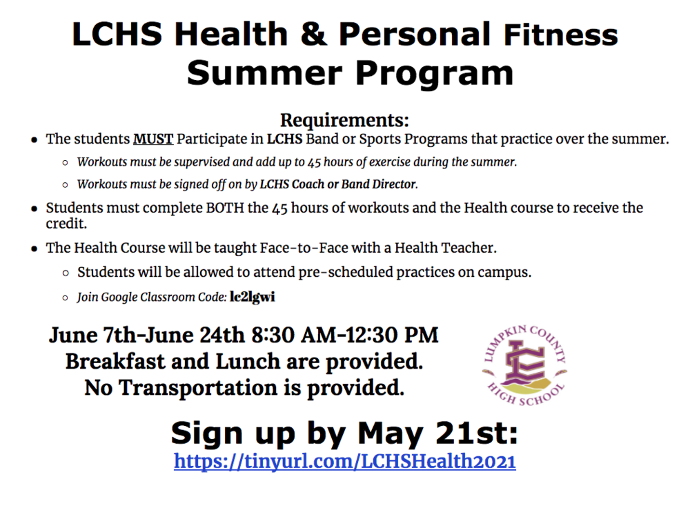 LCHS Health and Personal Fitness Summer Program Flyer