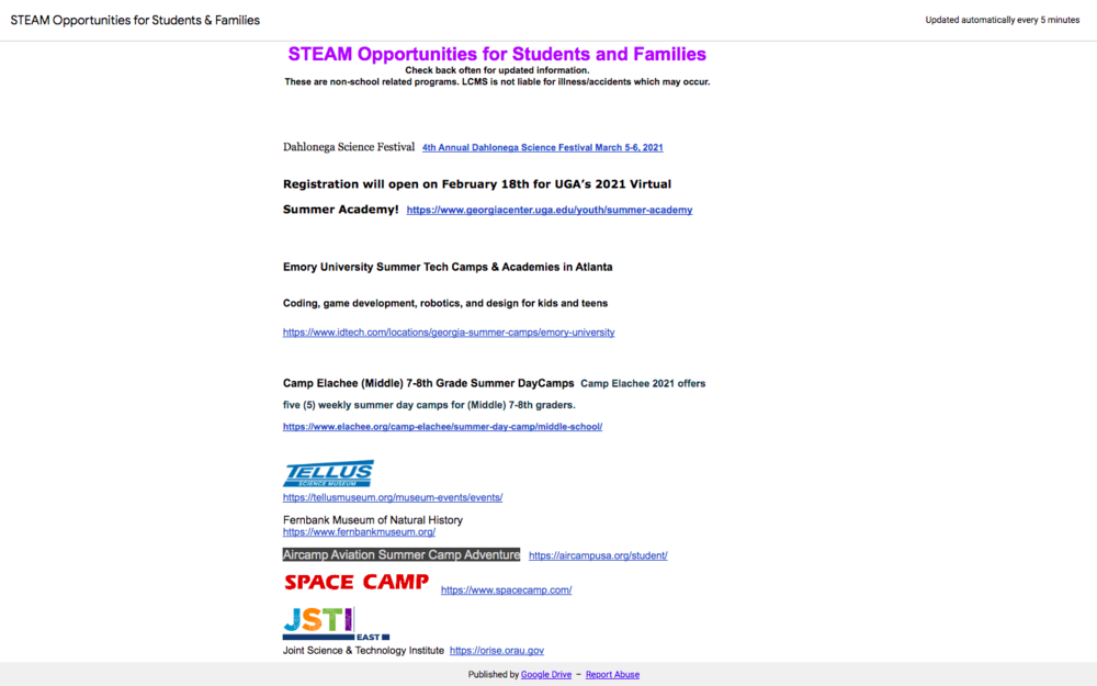 STEAM Options for Students - links to opportunities