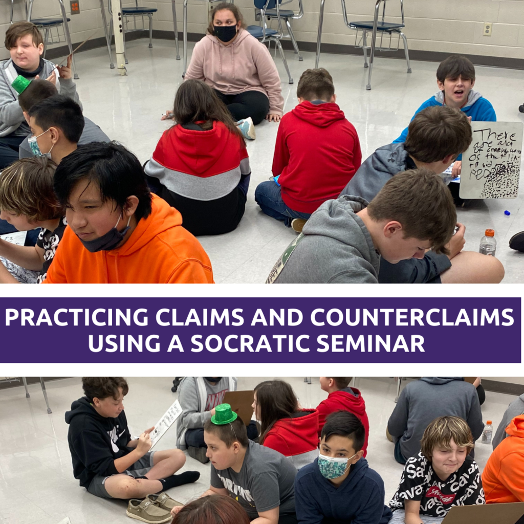 Grade 7 ELA students practicing claims and counterclaims using a Socratic seminar.