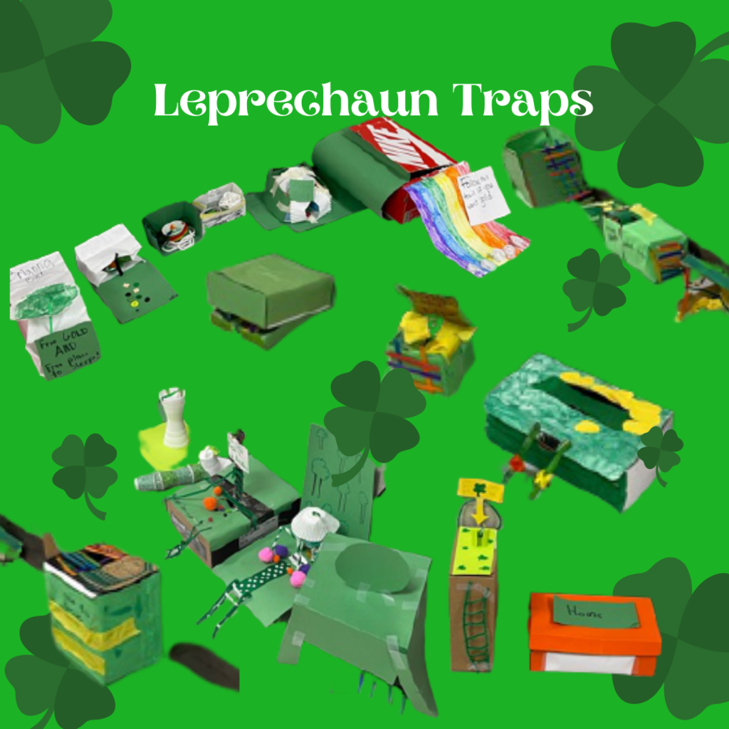 Grade 7 students created mathematical leprechaun traps as they began their Geometry unit. Each trap had to incorporate three geometric shapes and two different kinds of angles. This is a sampling of their creative work.