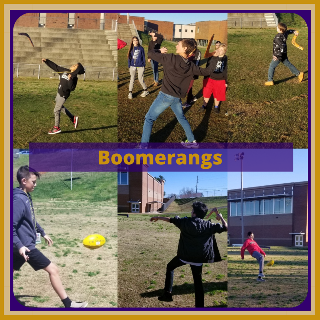 Grade 6 Social Studies students throwing boomerangs and learning Aussie Rules Football to close out their learning about Australia.