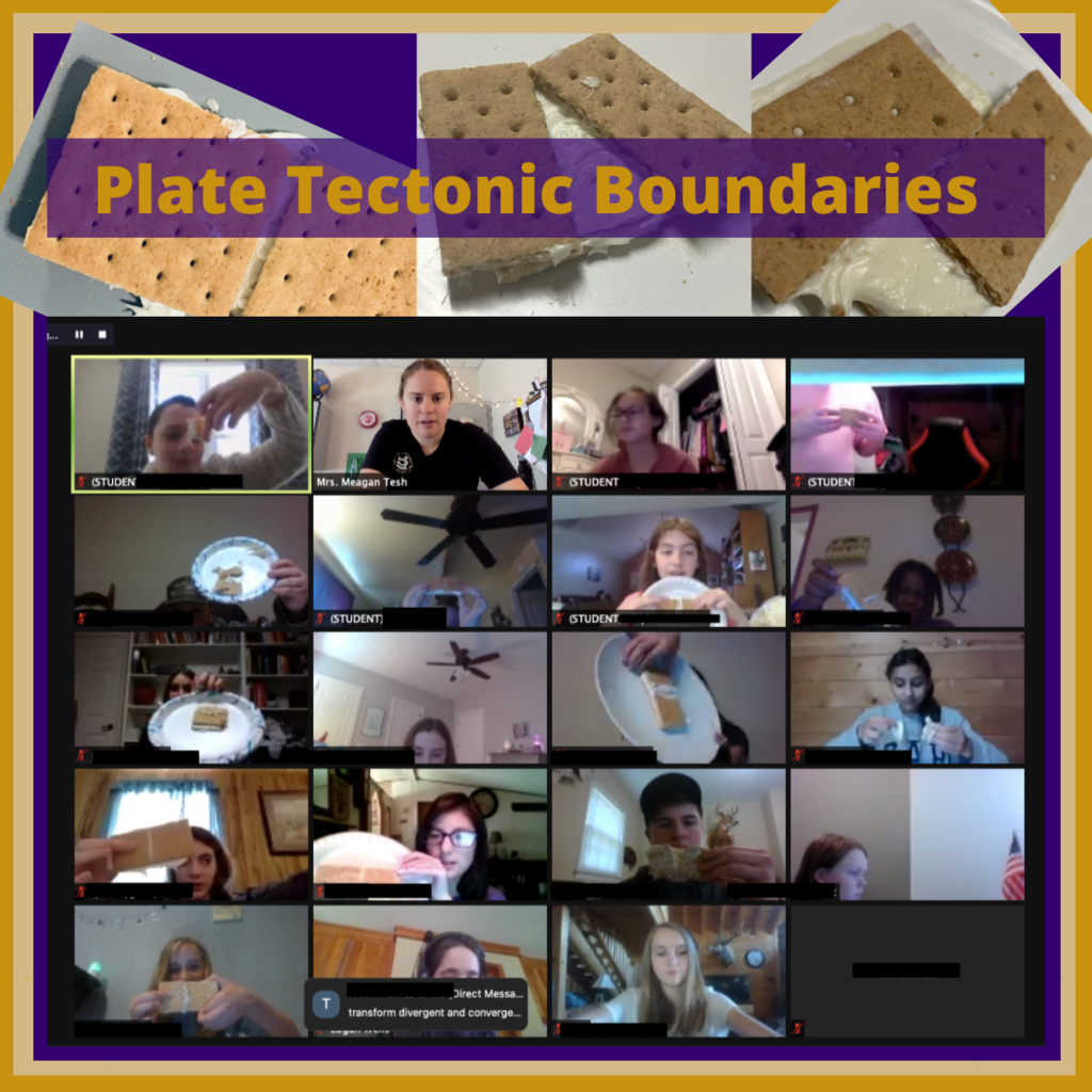 Students showing the movement of tectonic plates using frosting and graham crackers on Zoom.