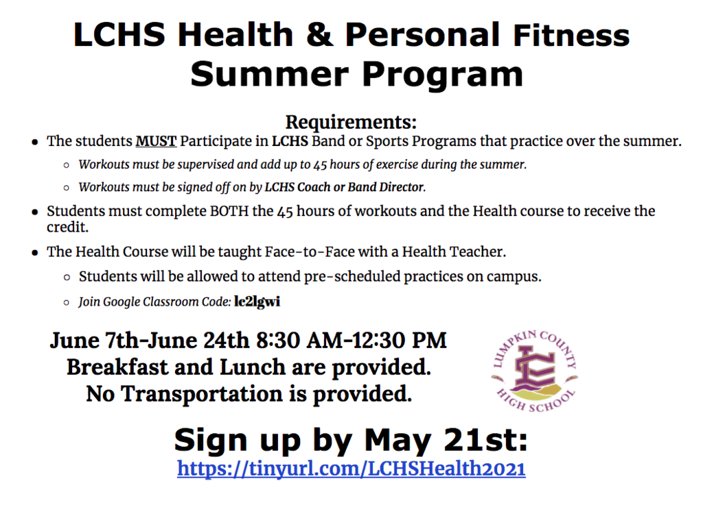 LCHS Health & Personal Fitness Summer Program Flyer