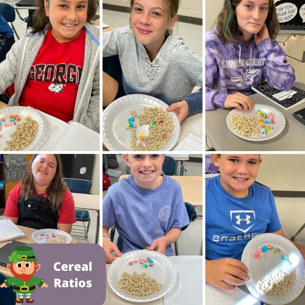 Grade 6 math students smiling with plates of cereal.