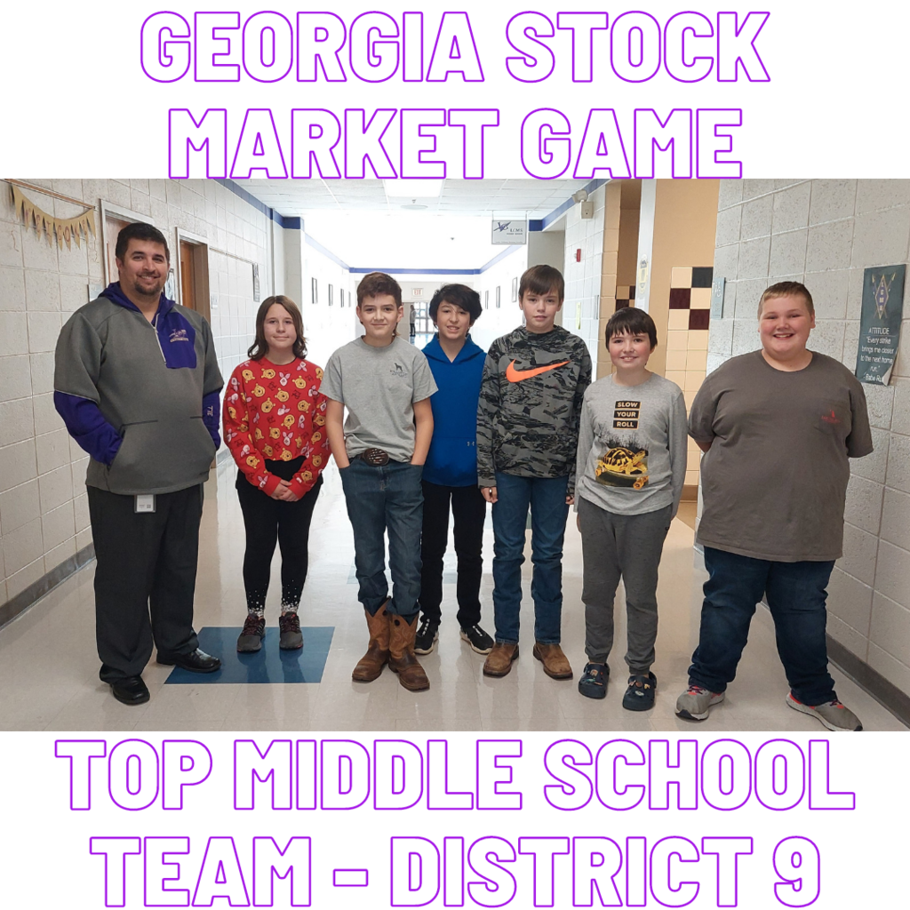 Congratulations to the team of Korbin Mincey, Winston Dugan, Mason Grizzle, Christopher Frausto, Luke Ball, Jayynn Blanton, and Heath Balthis (Not Pictured). They finished the fall session of the Georgia Stock Market Game as the top middle school team from GA Congressional District 9 (Which is basically all of Northeast Georgia). 